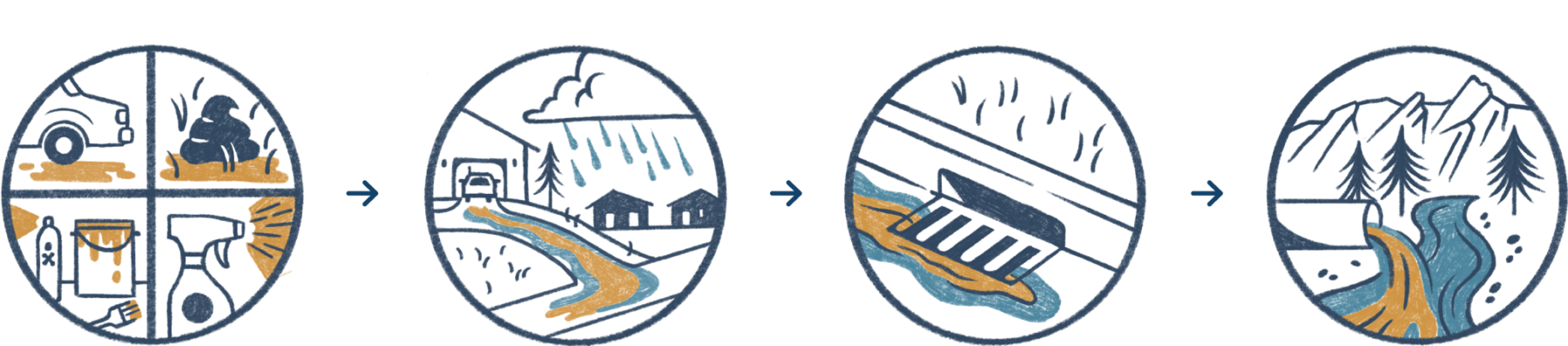 Infographic with 4 steps showing how stormwater pollutants travel from our homes into local waterways through the stormwater system.